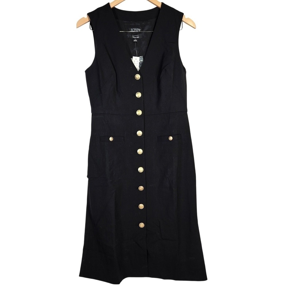 J Crew Italian Stretch Wool Black Sleeveless Button Front Sheath Dress Size 8